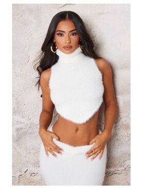 White fluffy Turtleneck Handkerchief Crop Top